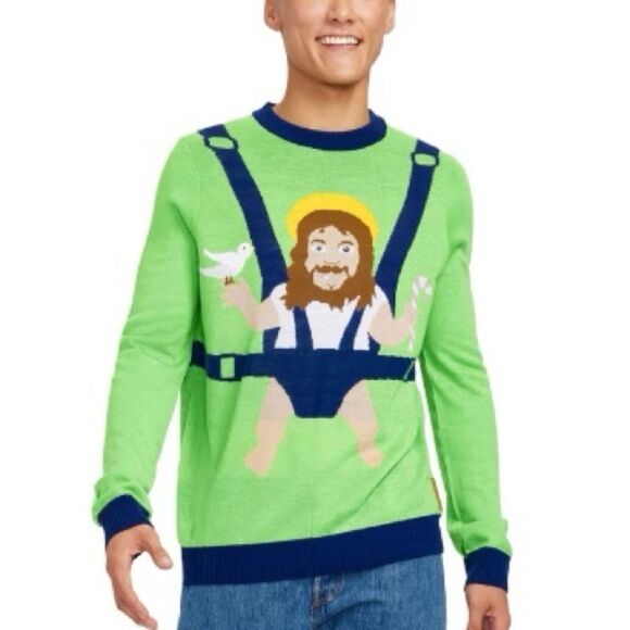 Tipsy Elves Sweet Baby Jesus Green Blue Ugly Christmas Sweater Sz XL Holidays - Picture 1 of 7